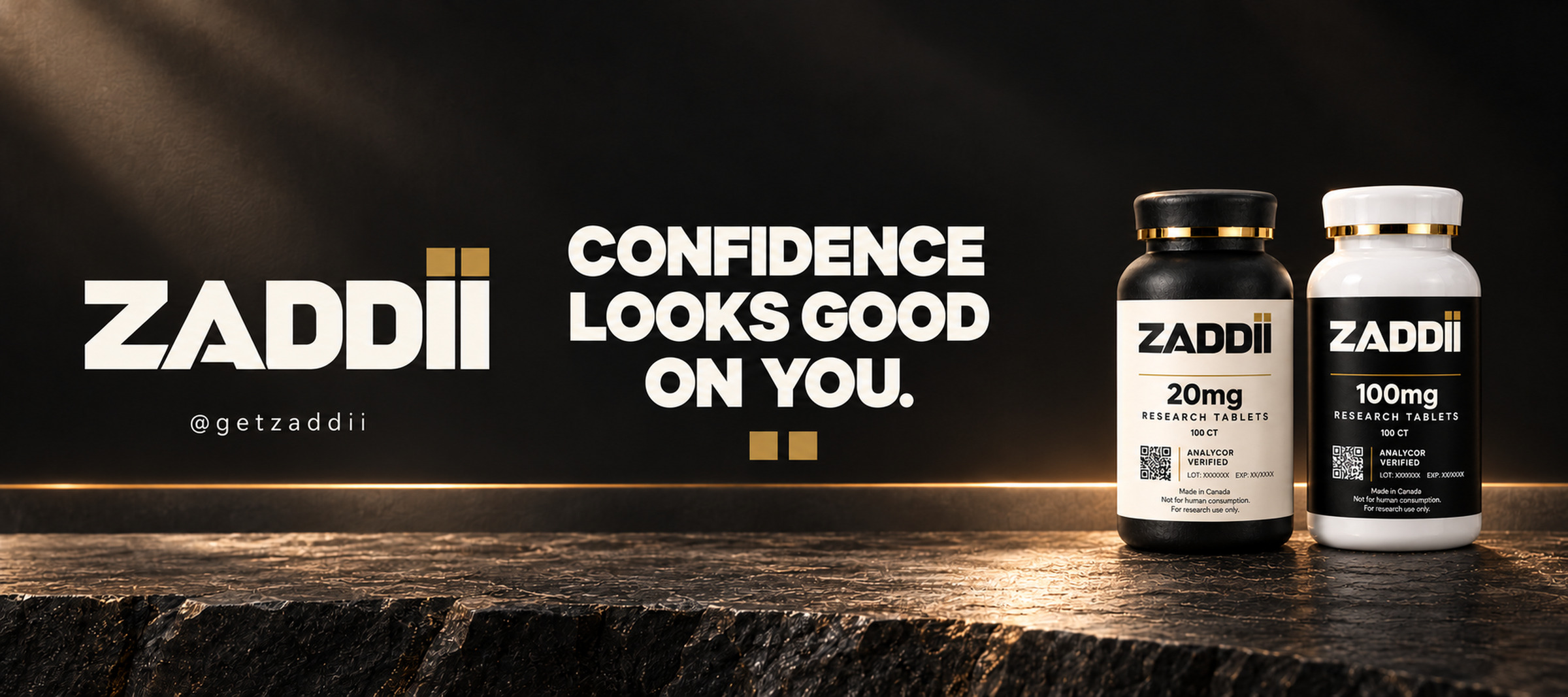 ZADDII. Confidence looks good on you. Two ZADDII research tablet bottles.